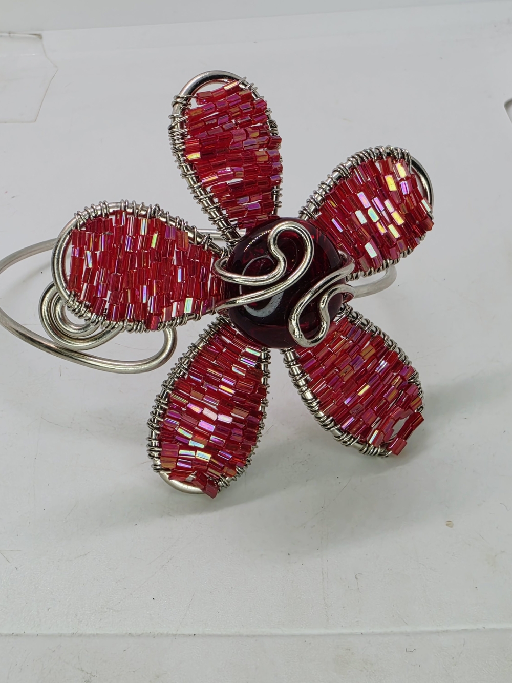 Vintage Y2K Silver Wire Wrapped Seed Bead Woven Flower Arm Cuff Band Bracelet